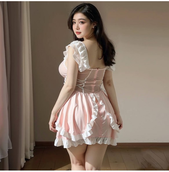 FEE ET MOI - Sweet Mesh Sheer Chest Soft Maid Outfit (Plus Size - Pink White) FEE ET MOI - Sweet Mesh Sheer Chest Soft Maid Outfit (Plus Size - Pink White)